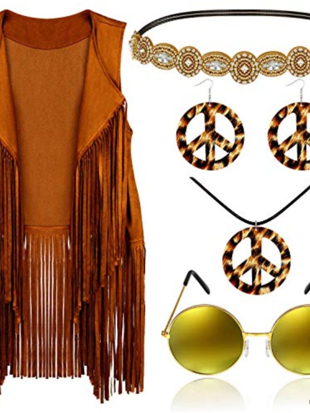 70s Hippie Costume Set Faux Suede Fringe Vest Sunglasses Headband Jewelry 6 Pc